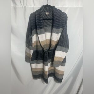 Chico’s Sz 2 Striped Knit Shawl Cardigan Coatigan Open Front Safety Pin Closure